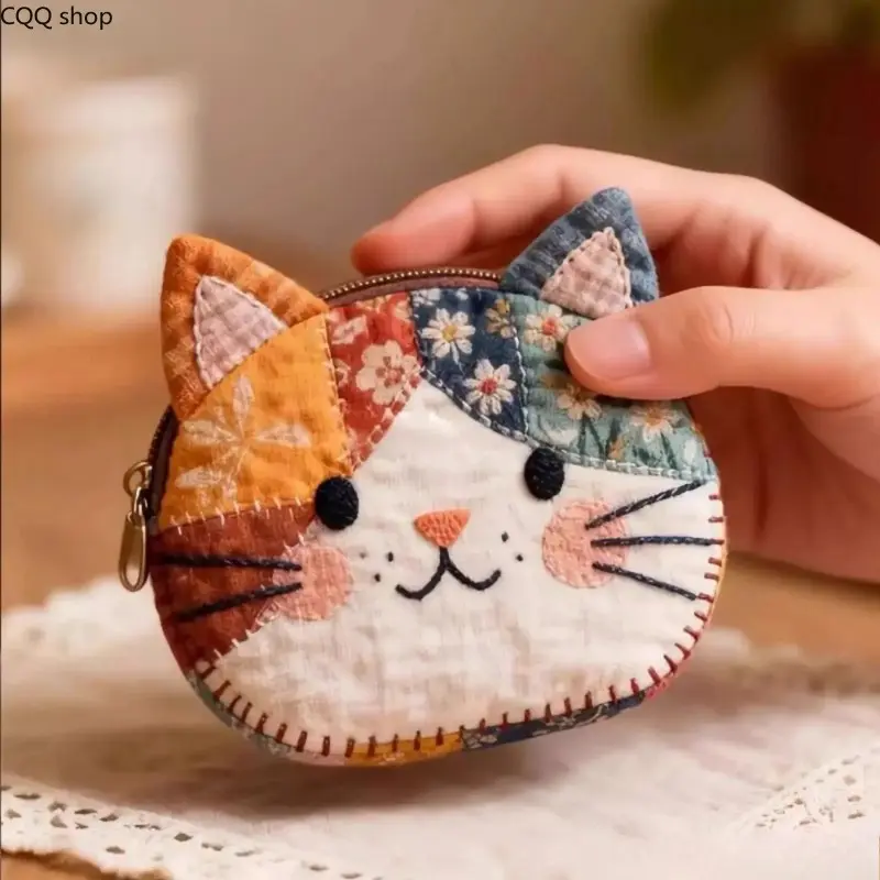 Japanese Patchwork Color Block Cat Coin Purse, Cute Cartoon Makeup Bag Multi‑Purpose Storage Pouch, Aesthetic Organizer for School Travel Small Items