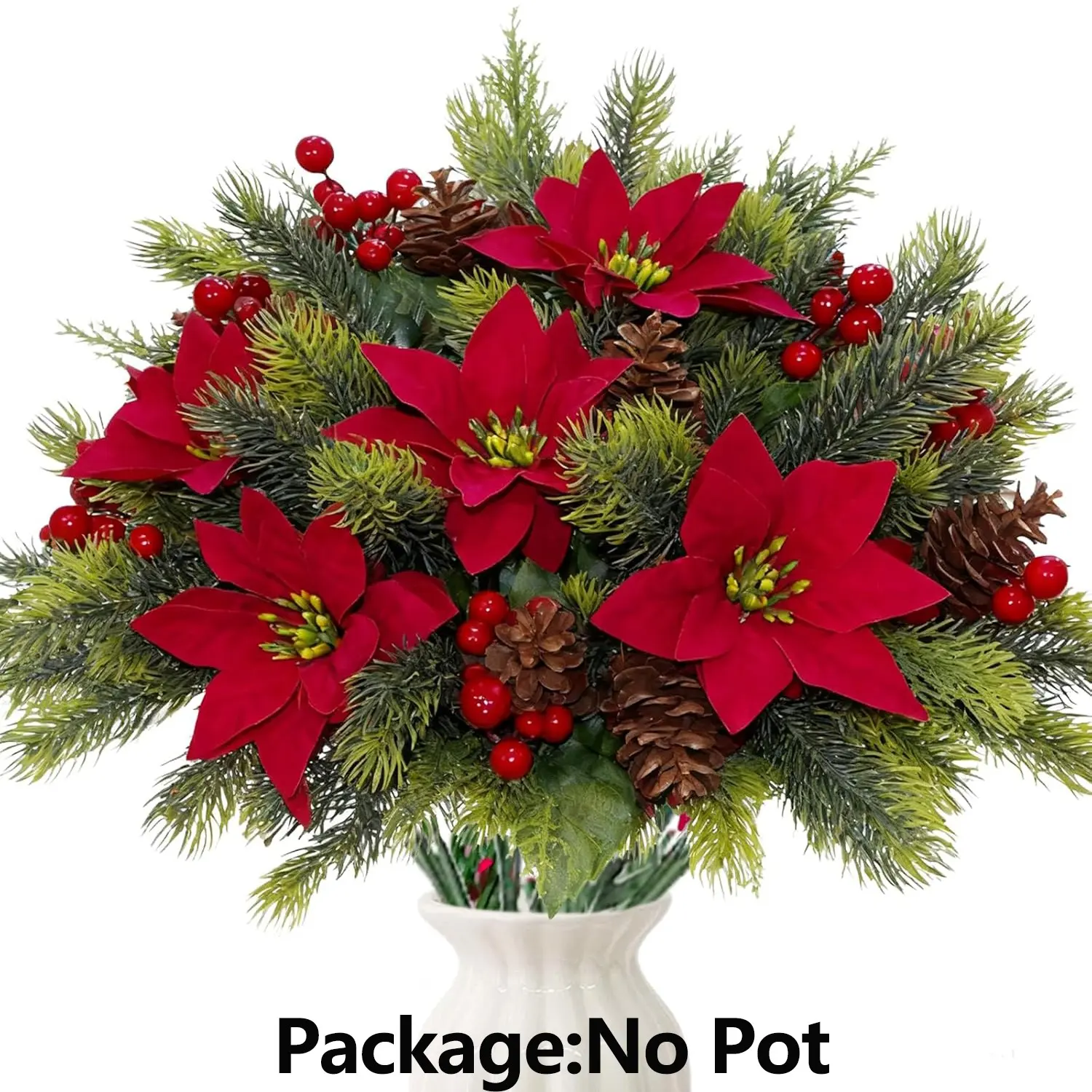 8 Artificial Flower Bouquet Christmas Floral Pinecone Berry Branches Wintergreen Holiday Decorations for Tree Party DIY Indoor Table Arrangement Decorative Flowers
