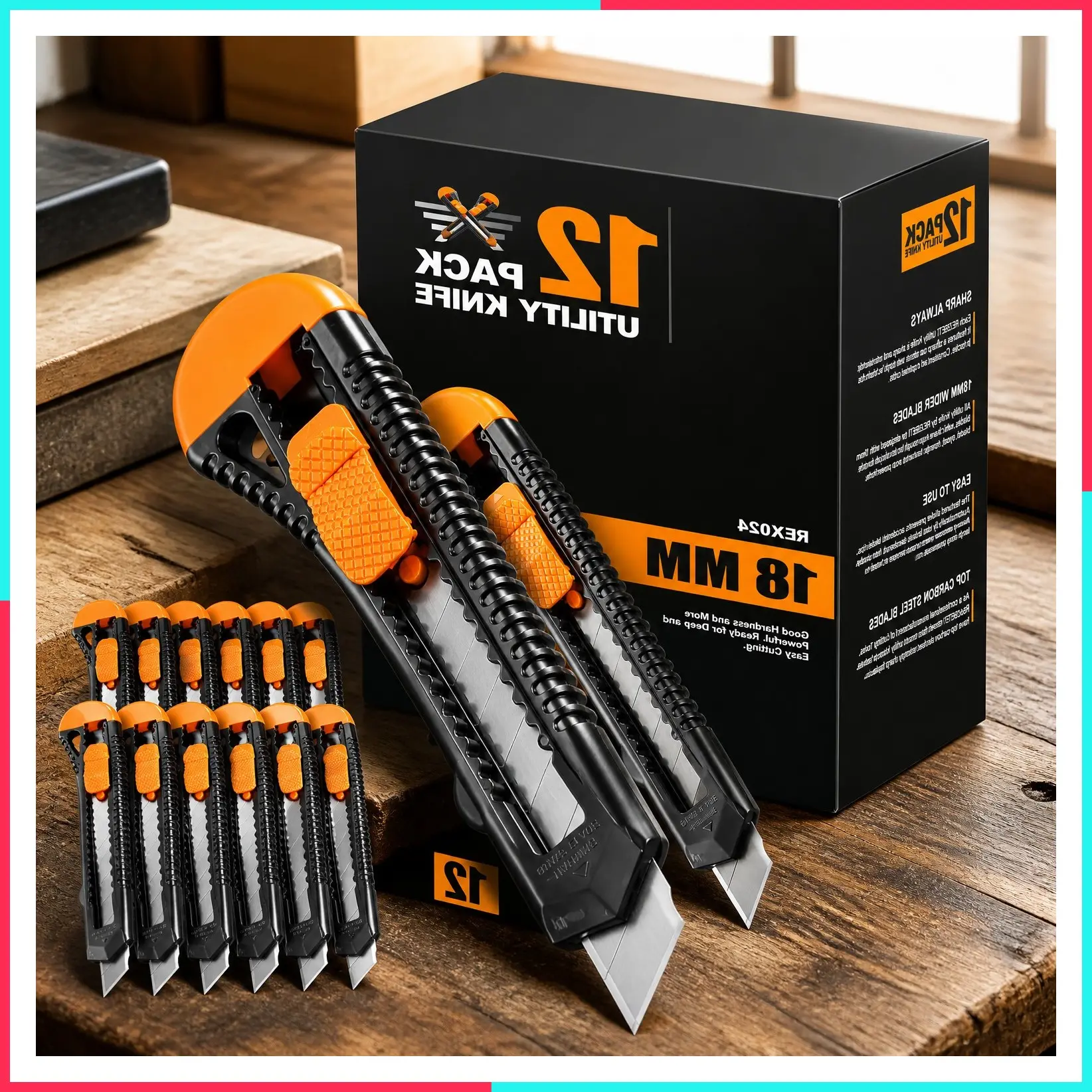 12-Pack Retractable Utility Knife, 18mm Wide Razor Sharp Blades, Smooth Mechanism Box Cutter for Cartons, Cardboard, Office and Home Use