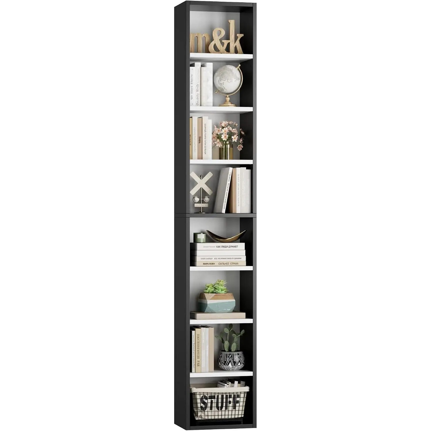 Bookshelf Bookcase 8-Tier Narrow Bookshelf Tall CD Media Tower Rack | 11.6 X 9.3 X 70.9 Bookshelf, Tall Narrow Slim Skinny Display Bookcase with Cube Storage and 4 Adjustable Shelves, Black/White