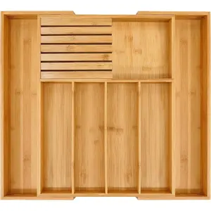 Bamboo Silverware Drawer Organizer Kitchen, Expandable Utensil Organizer with Knife Block, Cutlery Tray with Divider, Multifunctional Drawer Organizer