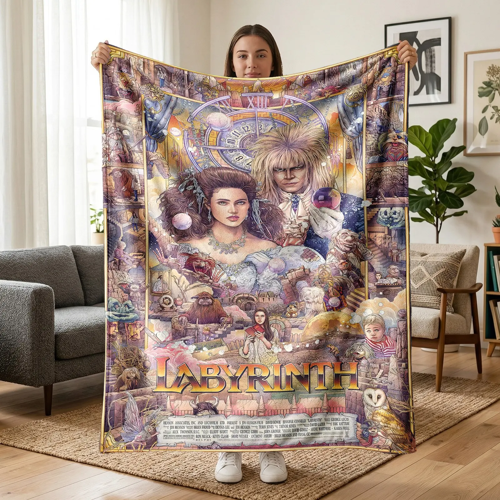 1pc Labyrinth Vintage Fantasy Movie Fleece Blanket, Magic Castle Character Collage Poster Print, Soft Warm Nap Throw For Sofa, Bed, Office, Camping, Perfect Christmas Gift