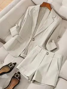 Women's Breathable Minimalist High-End Suit Set, Korean Style Loose Three-Quarter Sleeve Blazer + High-Waisted Wide-Leg Shorts