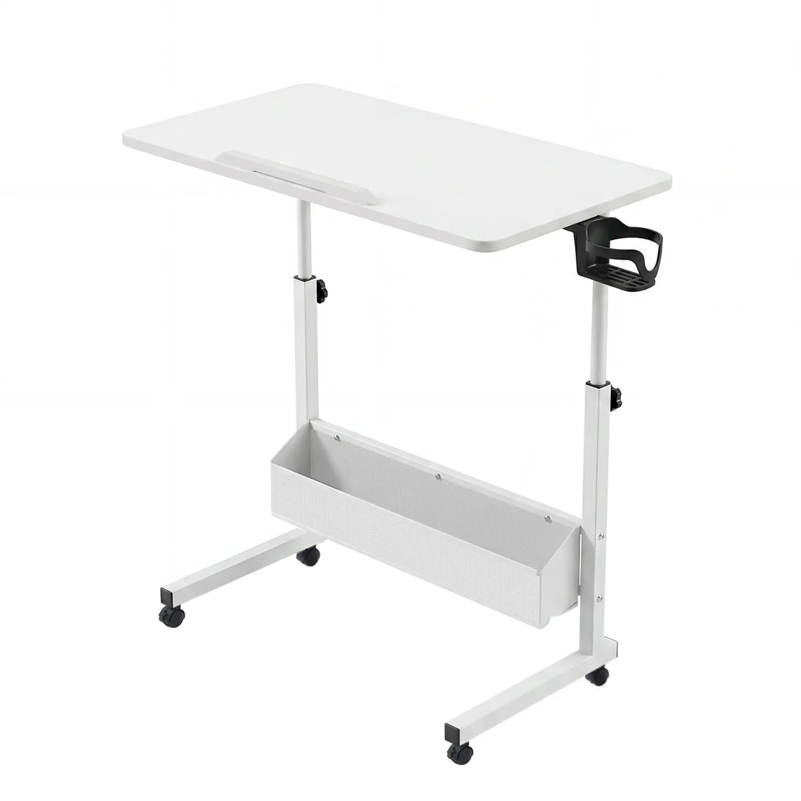 Rolling Laptop Desk with Storage Basket | Height Adjustable Tiltable Computer Desk w/ Cup Holder  | Compact Mobile Standing Desk for Small Space, Home Office, Dorm