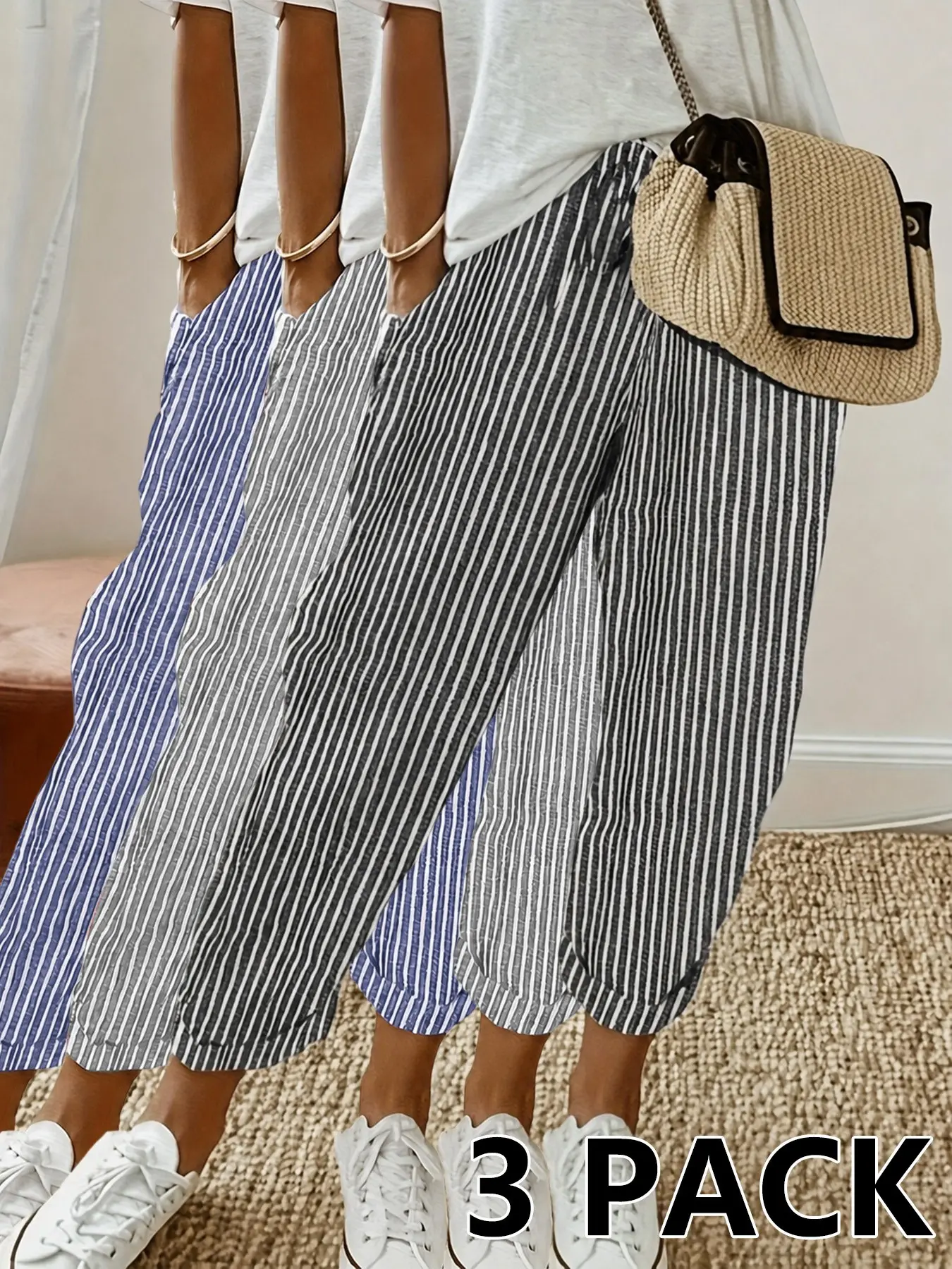 Women's 2026 Striped Cropped Jogger Pants, High-Waist Drawstring Design with Side Pockets and Cuffed Ankle Hem, Breathable Lightweight Fabric, Athleisure Style Bottoms