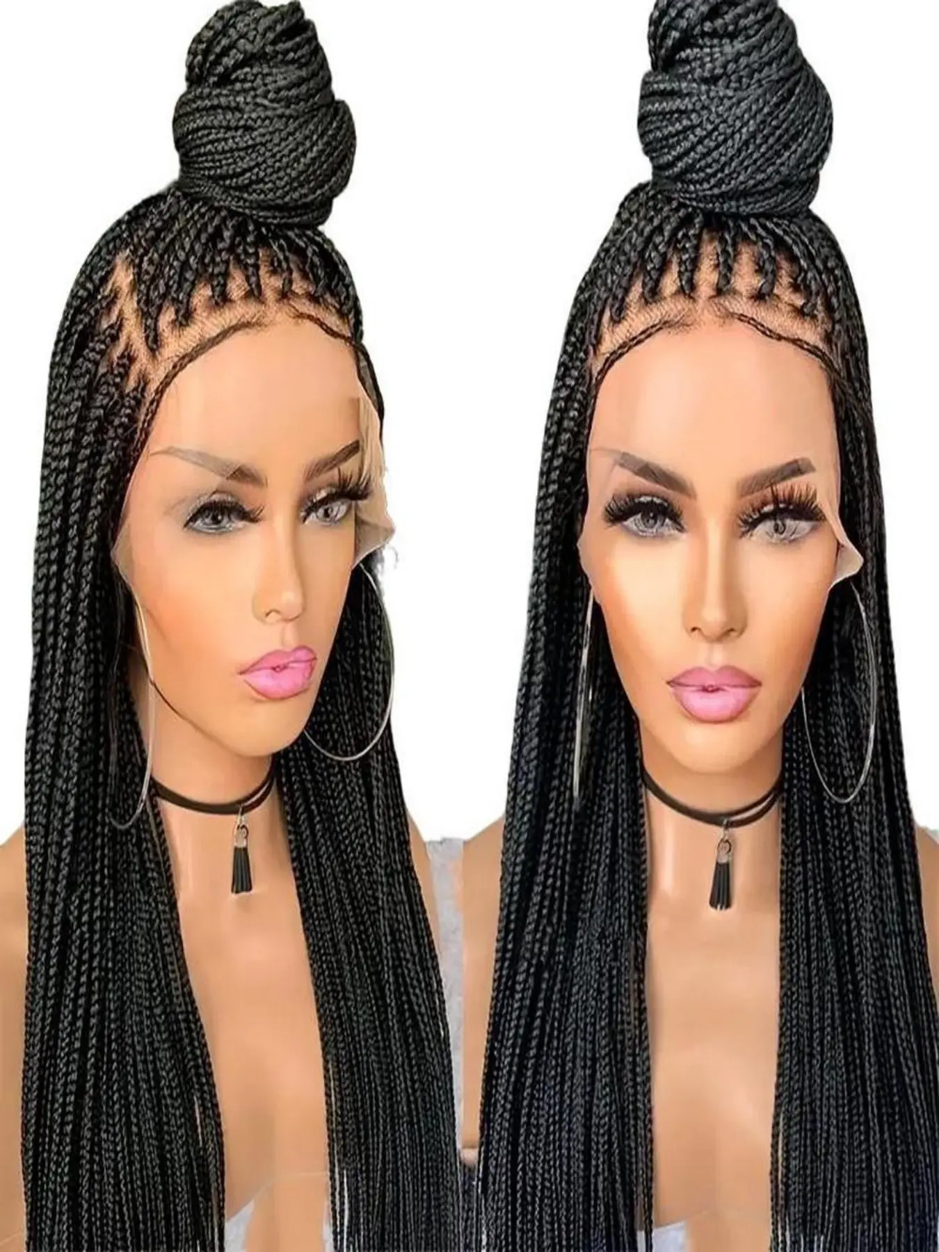 91.44cm Full-Length Knot-Free Classic Box Braid Synthetic Lace Front Wig, Easy to Wear, Handmade Braided Hairpiece for Women