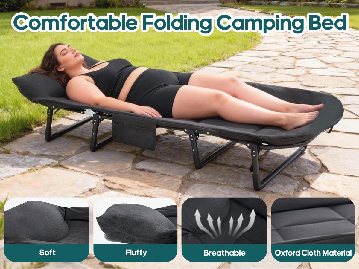 Camping Cot for Adults, 6-Angle Adjustable Folding Camping Bed with Mattress, Lightweight & Portable for Camping, Office, Outdoor, Supports 450 lbs with Carry Bag