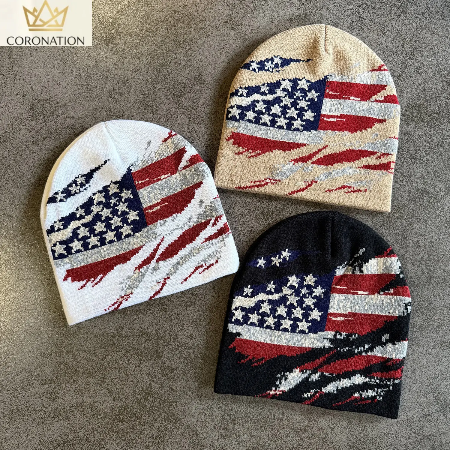 Vintage Jacquard Knit Beanie Hat, Unisex American Flag Motif Winter Cap with Star Graphic, Soft Warm Cap with a Stretchy Fit for Cold Weather, Knitted Fabric, Outdoor, All Seasons