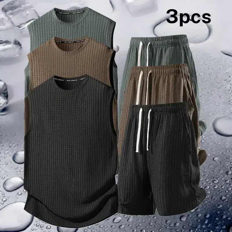 Men's 3 Piece Set Sleeveless Vest & Shorts Minimalist Casual Waffle Texture Breathable High Elastic Drawstring Waistband Summer Ice Silk Touch Comfortable mens shapewear usa fathersdaygift summervibes