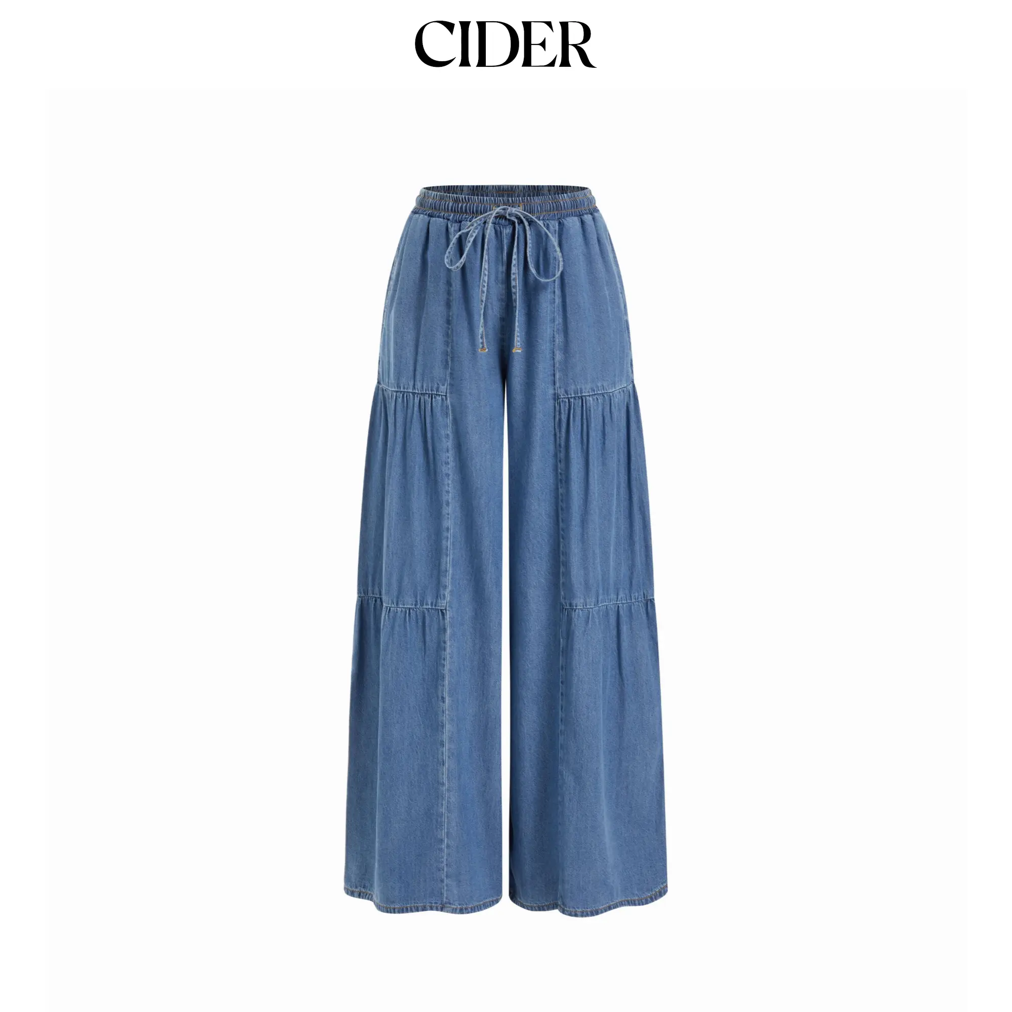 Cider Denim Mid Rise Drawstring Ruched Wide Leg Jeans