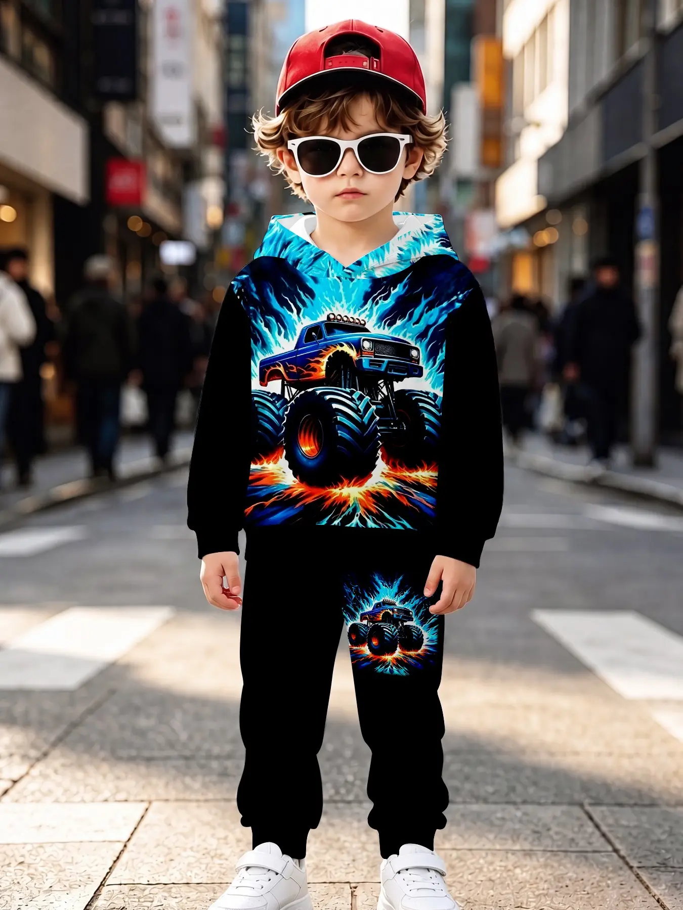 Blue Lightning Monster Truck Print Boys' Hooded Set, Casual Long Sleeve Sweapants, Loose-Fitting Natural Waist, Fall & Winter Clothing