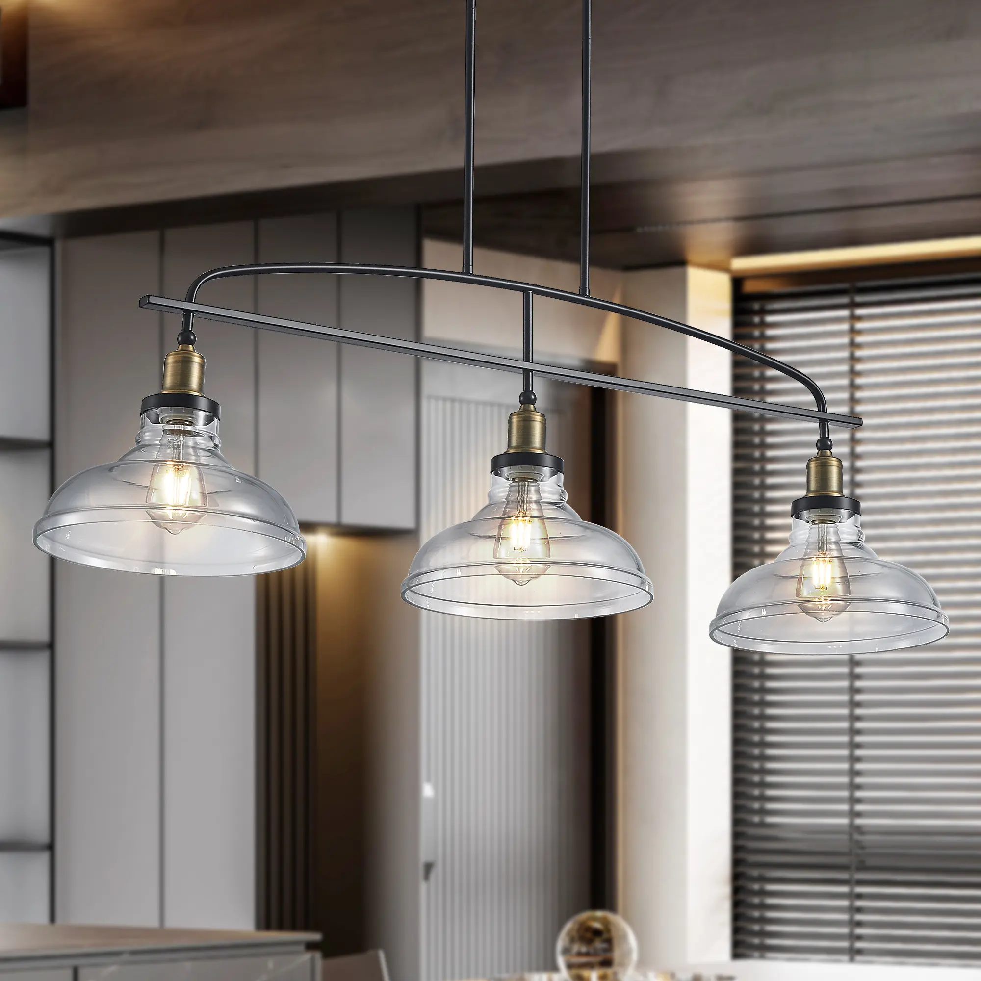 ARCH 45-Inch Industrial 3-Light Pendant Chandelier with Clear Glass Shades, Black Iron Frame, Adjustable Height, Modern Farmhouse Lighting for Kitchen Island, Dining Room, Living Room, E26 Base, Bulb Not Included, Black Color Options