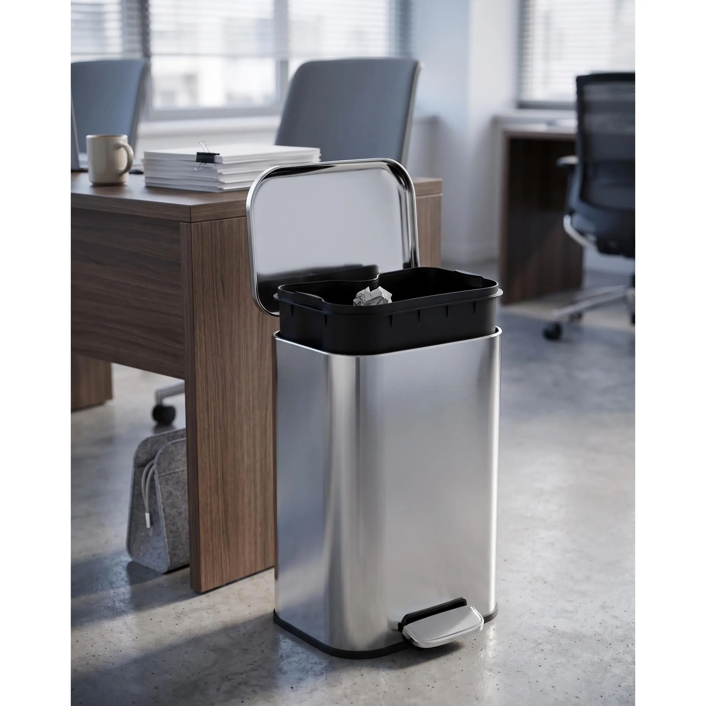 Fingerprint-Proof Stainless Steel Kitchen Trash Can - Step Pedal, Soft-Close Lid, Removable Inner Bucket - Modern Indoor Recycling Bin for Home, Office, Bathroom, 13 Gallon/50L - 42.8x35.5x62cm