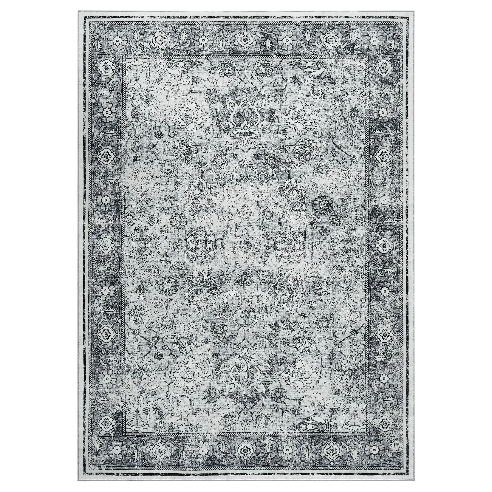 Washable Area Rug Non Slip Foldable Distressed Persian Rug Soft Pearl Velvet Carpet for Living Room Bedroom Dining Room Gray Tone 8 x 10 ft