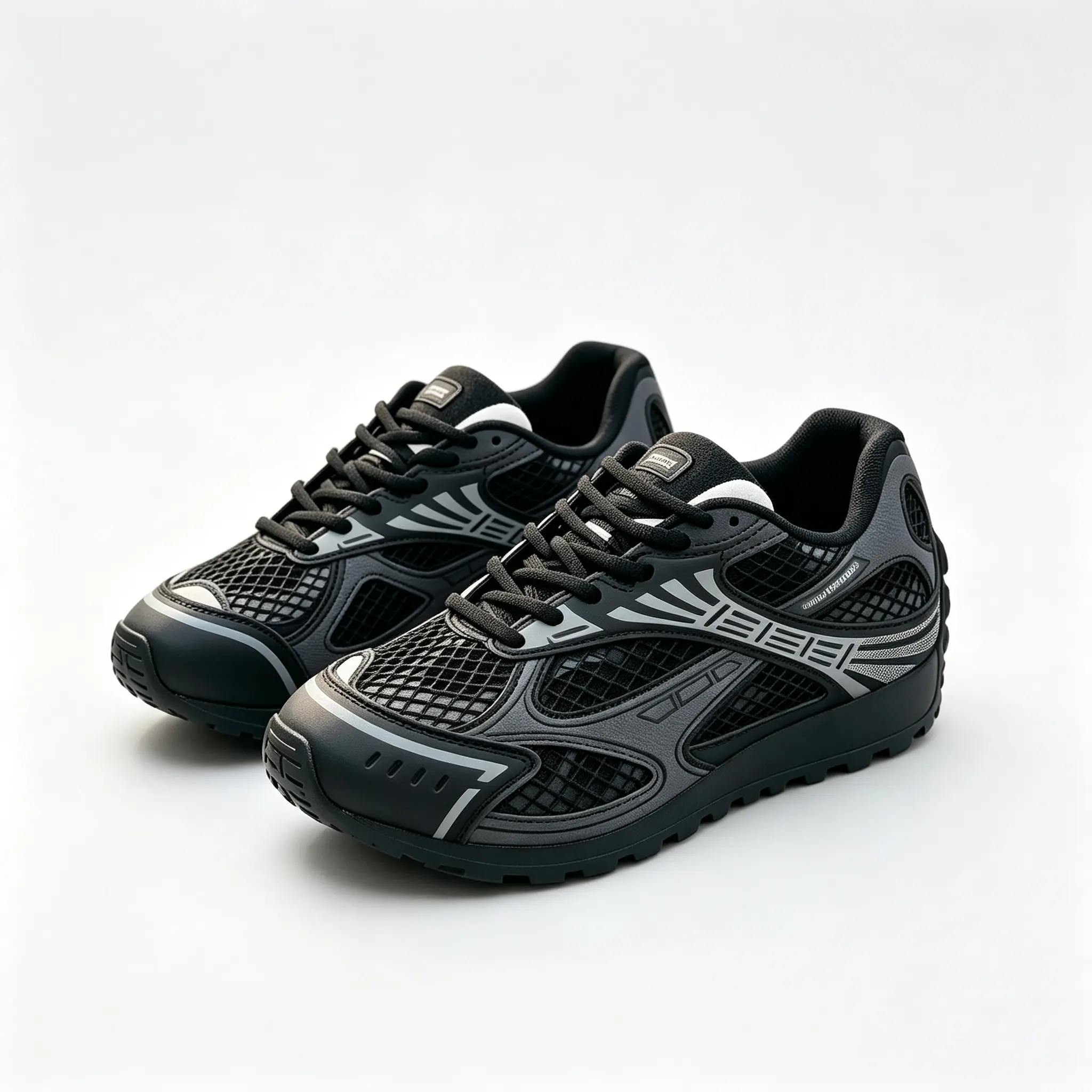 Retro Men Lace-Up Sports Sneakers | Black Grey Breathable Mesh Cutout Upper, Curved Reflective Graphic Panel, Sturdy Wear-Resistant Thick Lug Sole, Skin-Friendly Soft Lining Casual Footwear for City Street Style & Outdoor Recreation