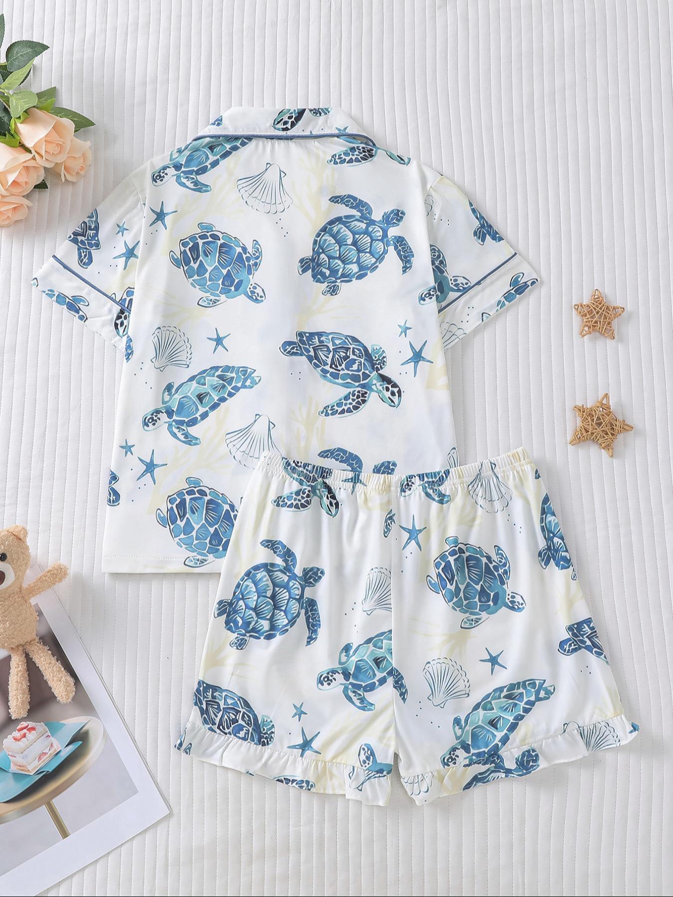 Kids Cartoon Star Turtle Print Pajama Two-piece Set, Cute Comfy Short Sleeve Lapel Neck Pj Set, Kids Sleepwear for All Seasons, Sleepwear Pajamas