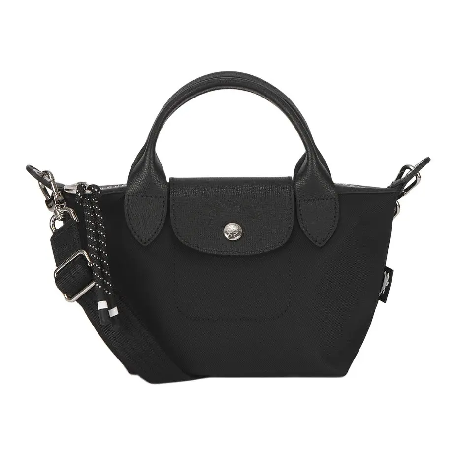Longchamp Le Pliage Energy Mini Tote Bag for Women, Silver Logo Canvas Handbag in Black