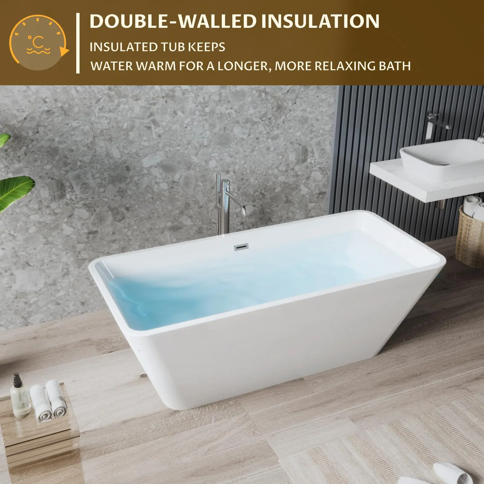 Modern Rectangular Acrylic Freestanding Bathtub – 59'' Soaking Tub with Glossy White Finish, Chrome Drain & Linear Overflow, Easy Installation, CUPC Certified – 59”