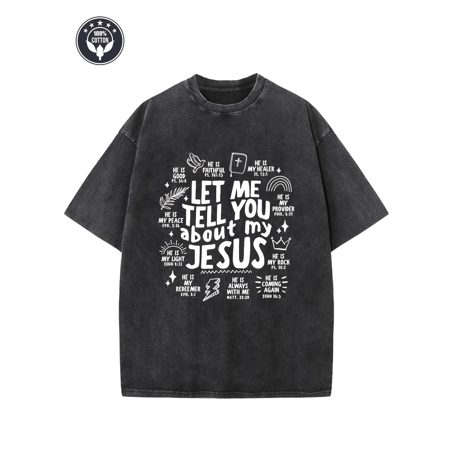 100% Cotton Vintage Washed Oversized T-Shirt, Let Me Tell You About My Jesus Bible Verse Doodle Graphic Tee Christian Religious Faith Casual Short Sleeve Top Trendy Inspirational Gift For Church Believers Spiritual Streetwear Men Women Teens