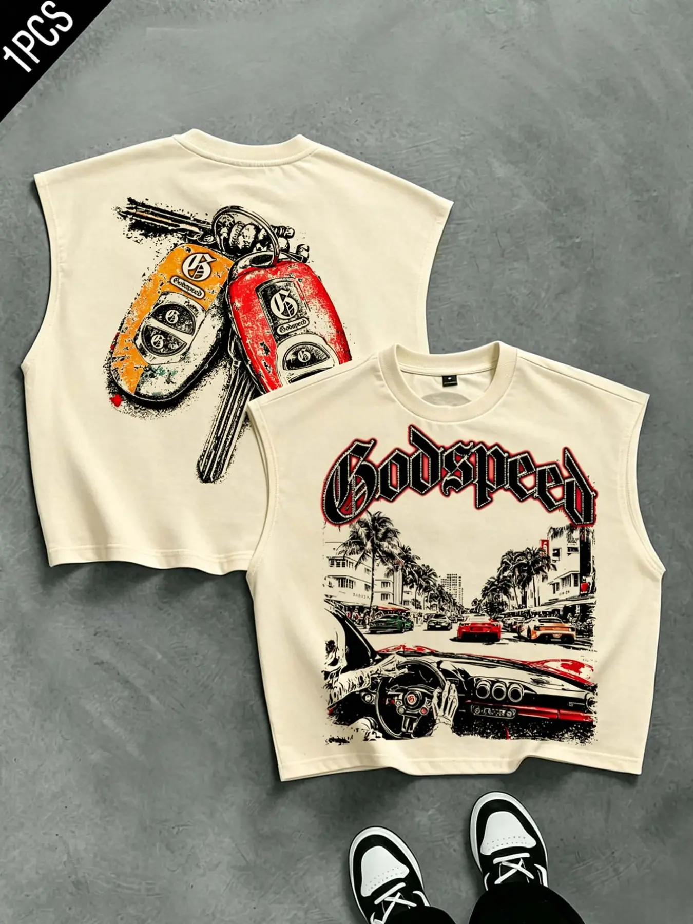 GOD SPEED Gothic style coconut grove street scene sports car Graphic print vest loose heavyweight retro car key back pattern vest holiday party casual summer sleeveless T-shirt, Unisex