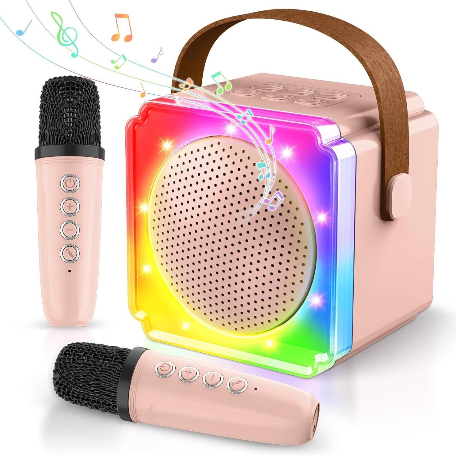 Portable Multifunction Karaoke Machine with 2 Wireless Microphones, USB Rechargeable Handheld KTV Smart Karaoke Toy with 5 Magic Sound Effects, Suitable for Home, Party, Festival