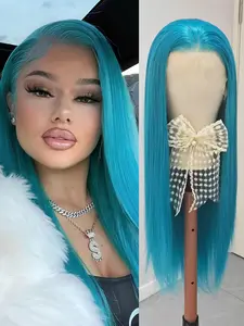 Cyan Blue Straight Synthetic Wig 13×4 Lace Silk Long Straight Hair for Women Men Use Heat Friendly Glueless Fiber Lace Front Wigs Cosplay Party Wear 26Inch Fashion Blue Hair Role Play Wig