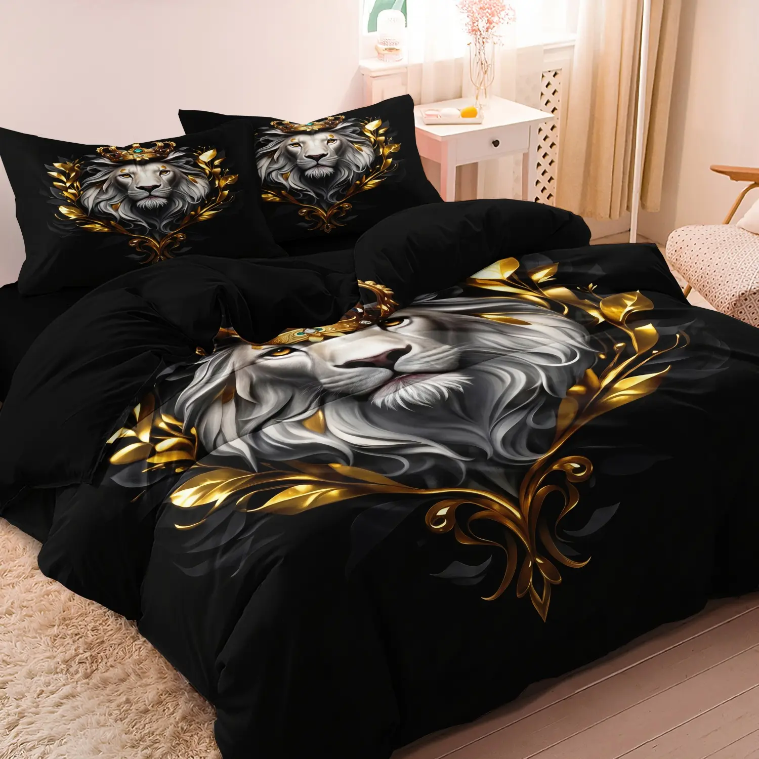 3 Pieces Luxury Golden Crown White Lion Wreath Duvet Cover Set, King Lion Golden Leaf Ornament Print Bedding, Soft Microfiber Majestic Gothic Royal Aesthetic Bedding Decor (1 Duvet Cover + 2 Pillowcases, No Comforter No Pillow)