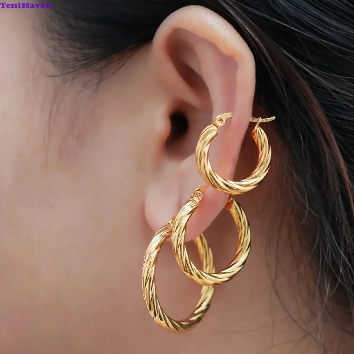 Twisted Hoop Earrings – Stainless Steel Huggie Hoops, Minimalist Women Jewelry, 3 Pair Multi Size Gold Plated Twist Earring Sets, Tarnish Resistant Spring Clasp Circle Earrings for Women, Durable Electroplated Finish Comfort Lightweight Design, For Daily