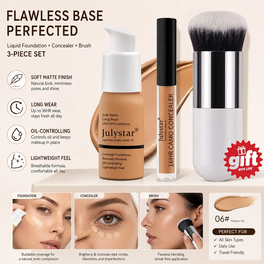 Julystar 3-Piece Flawless Base Makeup Set, Soft Matte Liquid Foundation, 16hr Camo Concealer, Blending Brush, Oil-Control, Full Coverage