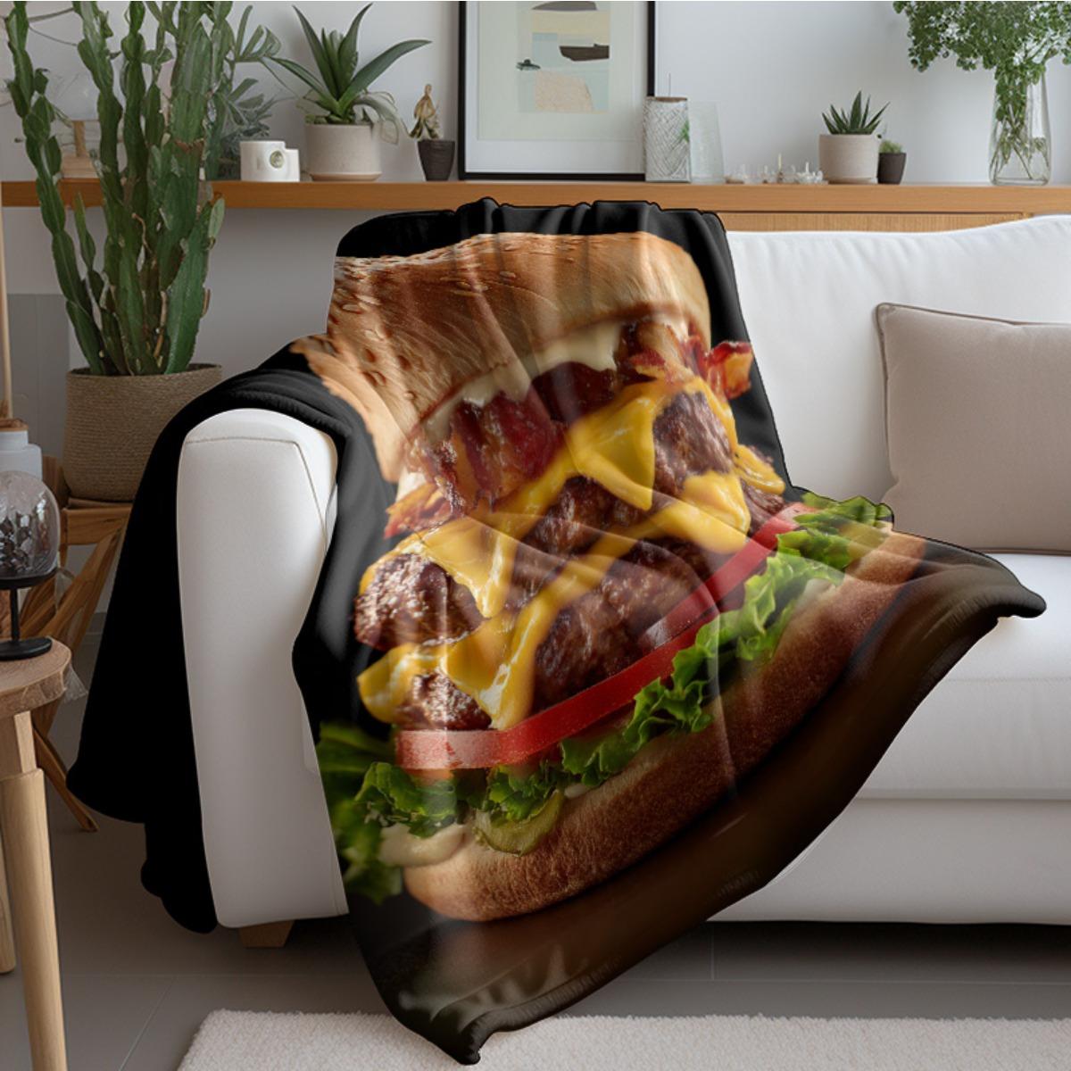 1 Piece Throw Blanket - Soft and Lightweight, Suitable for All Seasons, Hamburger Pattern, Black Background - Ideal for Living Room, Bedroom, Nap Time - Ideal Gift for Food Lovers and Hamburger Enthusiasts - Modern Home Decor, Vibrant Colors