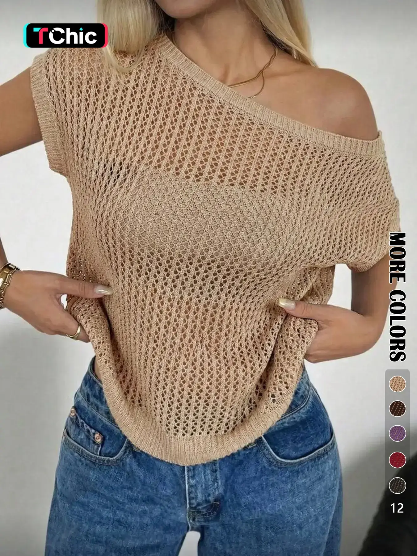 Women's Summer Hollow Out Fashion Elegance Casual Asymmetrical Shoulder Short Sleeve Pullover Top, Sexy Beach Vacation Knit Sweater