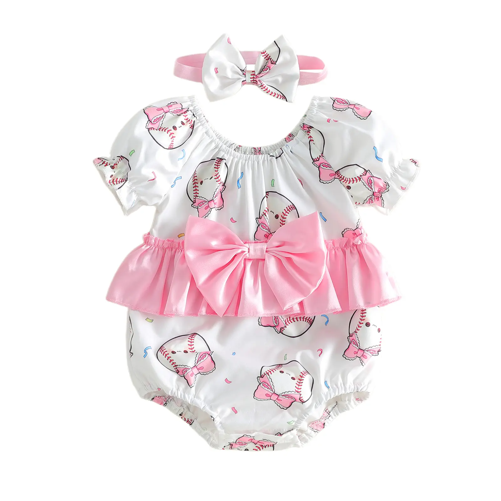 Canrulo Baby Girl Baseball Outfit Newborn Smocked Bubble Romper Short Sleeve Bodysuit And Bow Headband Infant Summer Clothes 1-18M