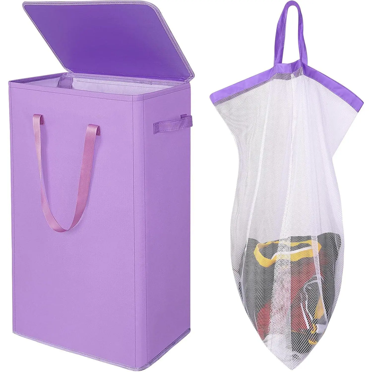 75L Slim Laundry Basket with Lid - Foldable, Tall Collapsible Design with Removable Bag and Handles, Ideal for Bedroom, Bathroom, Dorm (Purple)