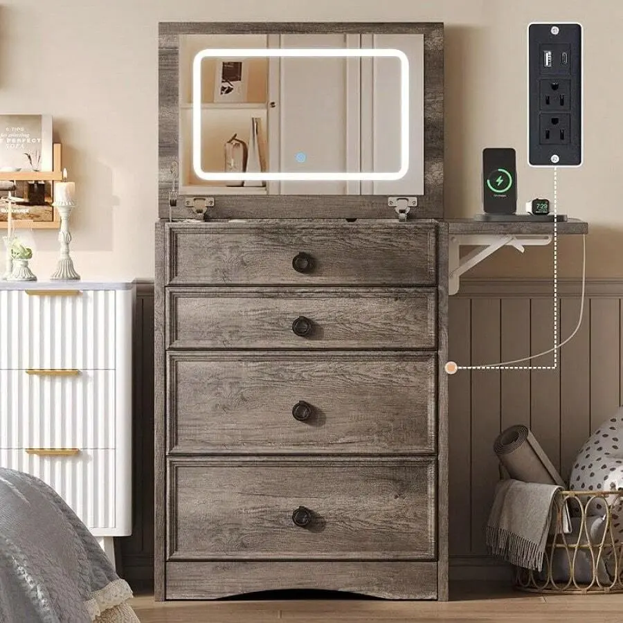 Makeup Vanity Desk Bedroom Furniture, Farmhouse Vanity With Fold Up Mirror, Adjustable LED Light, Power Outlet, Divided Storage And Stool, Space Saving Vanity Table Small Spaces, Rustic White, Dark Oak