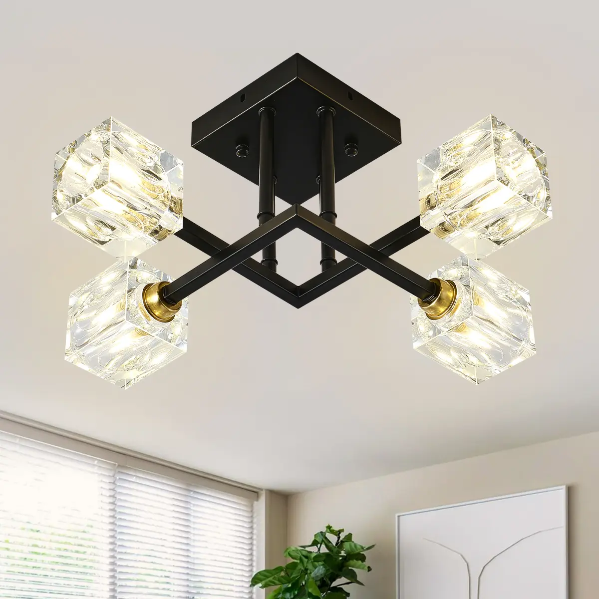 Modern Luxurious Crystal Ceiling Light, 4 Lights (BO INCLUDED Bulb) Modern Crystal Ceiling Light for Dining Room, Pendant Lamp Ceiling Lighting for Living Bedroom Hall Balcony --Matte Black