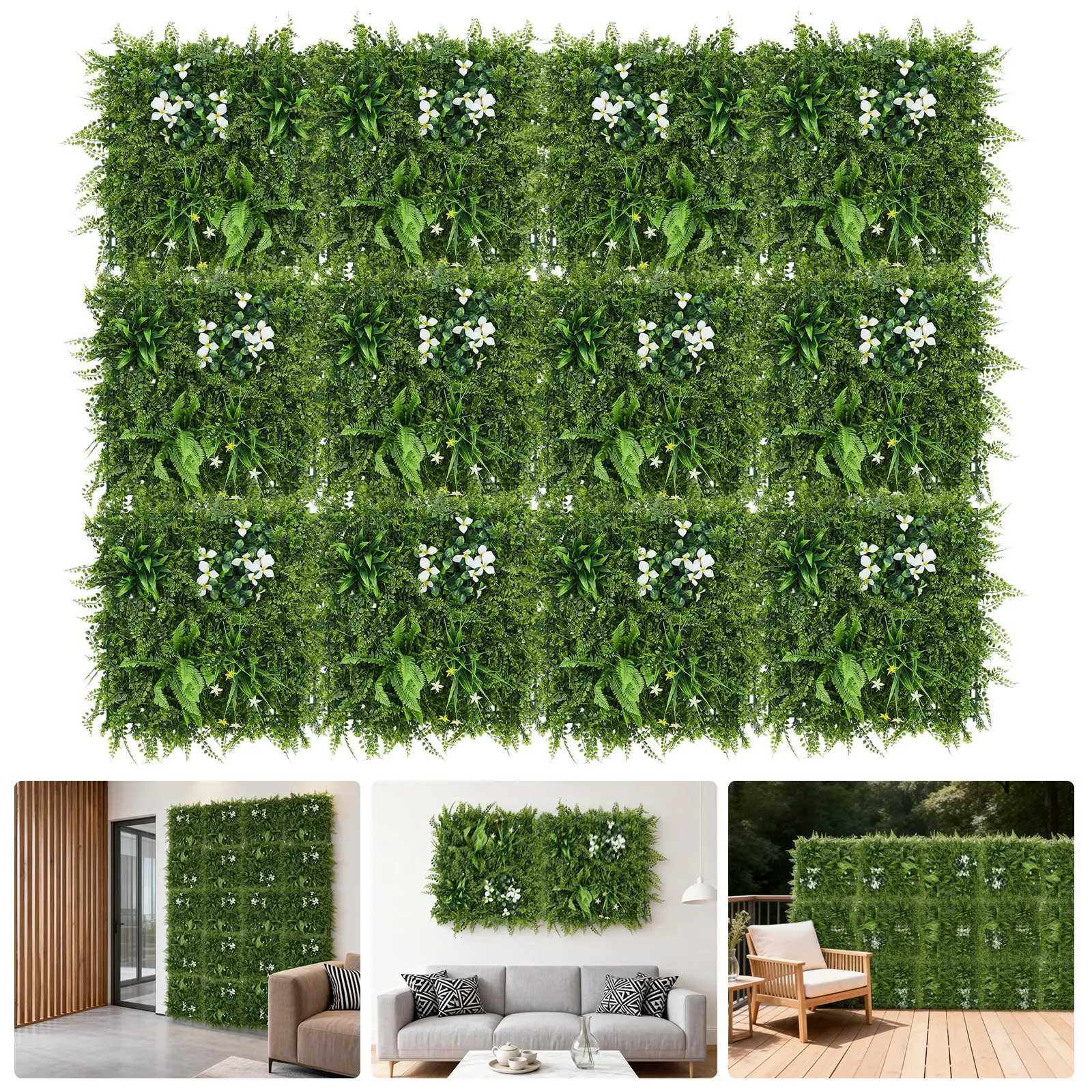 Realistic Artificial Grass Wall Panels - Lush Greenery Privacy Screen - Durable interconnected Trellis for Fence, Patio, Balcony, Indoor & Outdoor Home Decor, 4 Pieces, 50x50CM Each