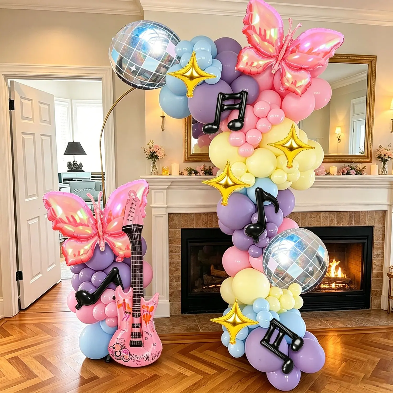 133 Piece Macaron Disco Balloon Set, Guitar, Laser Butterfly, Disco Ball, Star, Note,Suitable for music-themed birthday parties，Disco Retro Party, Music Classroom Activity Setup, Girl Group-Style Indoor Party Decoration，Birthday, Wedding, Christmas