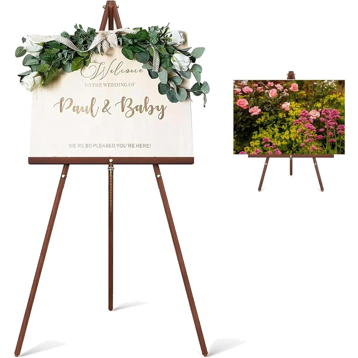 Brown 63-in Portable Adjustable Wooden Tripod Easel Stand for Painting, Wedding Sign Display, Canvas Drawing Show, 63 Inches