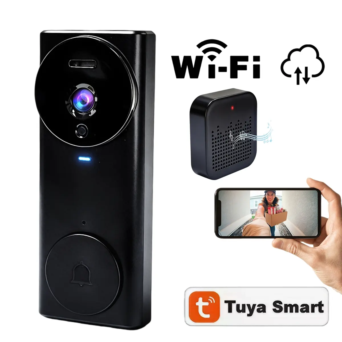 Smart doorbell with HD wireless camera, Home Security Doorbell, video doorbell with ringtone, 2-way audio, Two Way Intercom and cloud services, instant alarm, human detection, night vision, 2.4G WiFi, indoor and outdoor doorbell