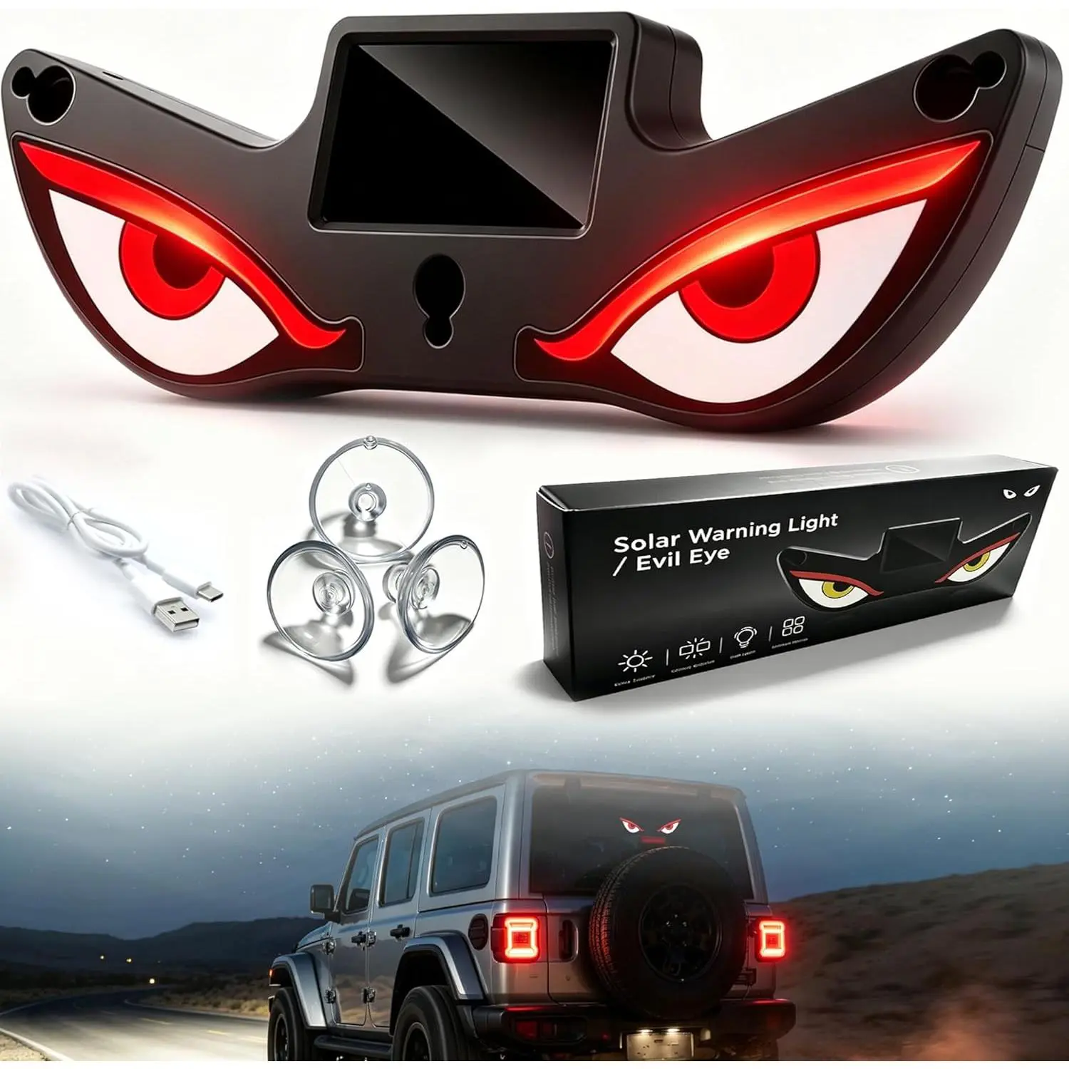 Solar Demon Eye LED Car Window Light Wireless Windshield Ambient Lamp - Solar & USB Powered Devil Eye Night Safety Flashing Emergency Warning Atmosphere Light for SUVs Trucks Vans