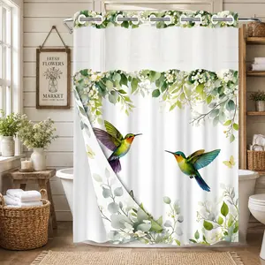 1PC Double Layer Shower Curtain, Cute Shower Curtain, No Hooks, Installation, Watercolor Hummingbird Print Waterproof Fabric, Botanical Bathroom Decor, Hotel Bathroom Accessory, Detachable Buckle Shower Curtain and Liner, Bathroom Room Divider