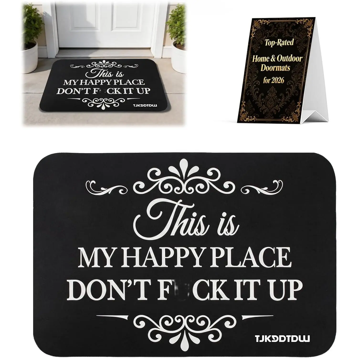 Funny "This is My Happy Place Don't F It Up" Durable Door Mat - 24"(l)×16"(w), 24x16 inch, 32x20 inch, 36"(l)×24"(w) - Welcome Sign, Vintage Decor for Outdoor Entrance, Indoor Decorative Carpet, Vintage Retro, One-Piece