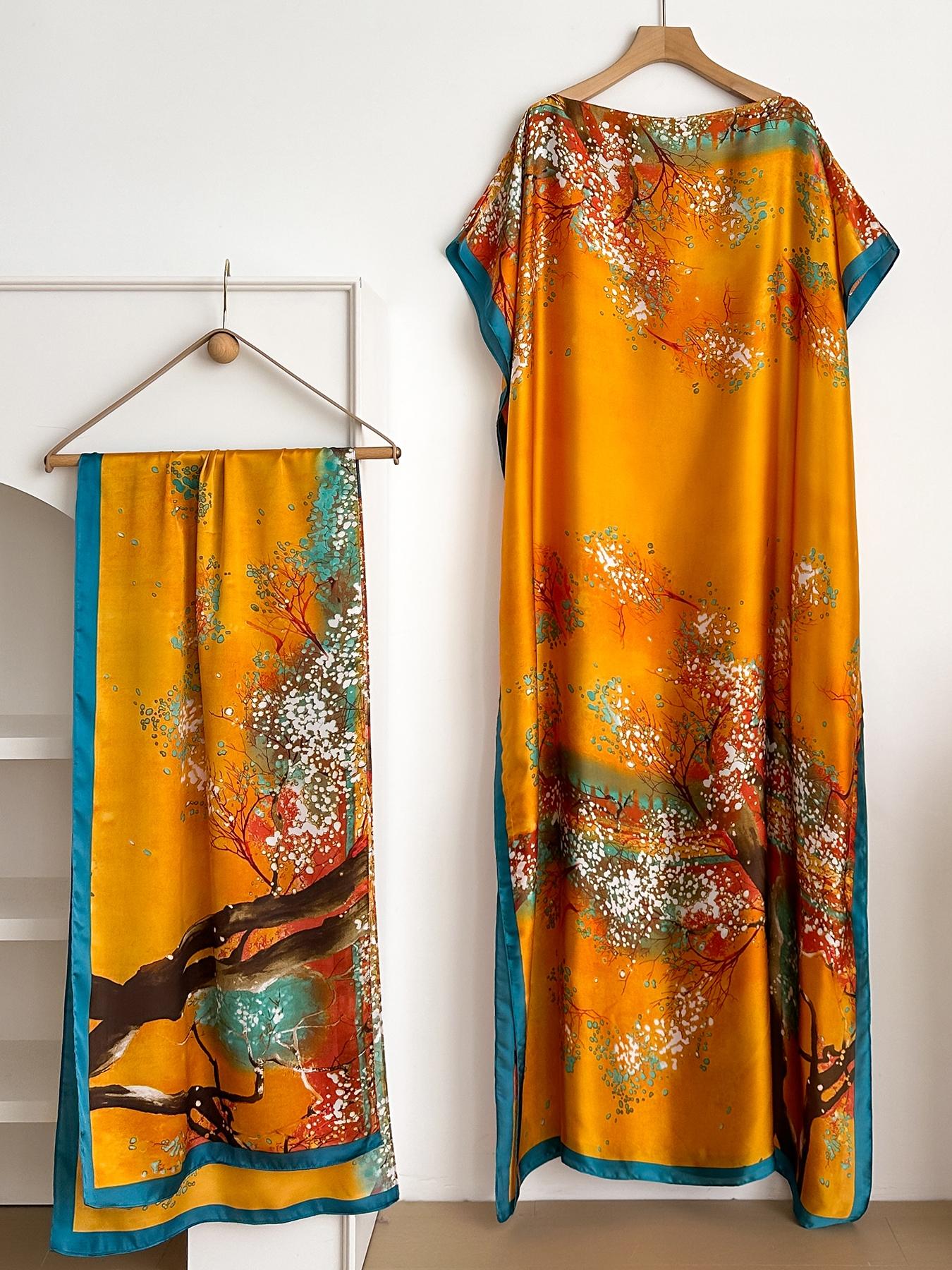 1 Piece Fashion Printed Robe Pullover Shawl moomoo Dress Long Wrap Silk Scarf Headband Ladies Womenswear Seaside Beach Sunshade Sunscreen Satin Silk Scarf