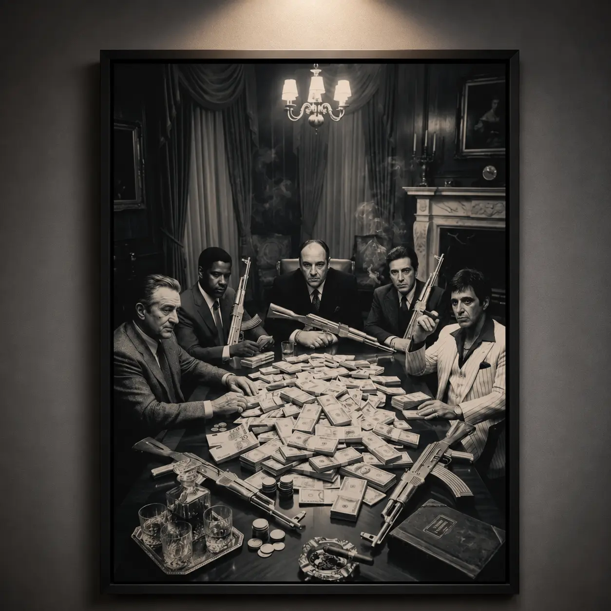 Vintage Mafia Money Table Wall Art, Black and White Gangster Style Poster, Classic Crime Inspired Decor, Retro Luxury Office Bedroom Wall Print, Dark Aesthetic Home Decoration, Vintage Film Style Artwork