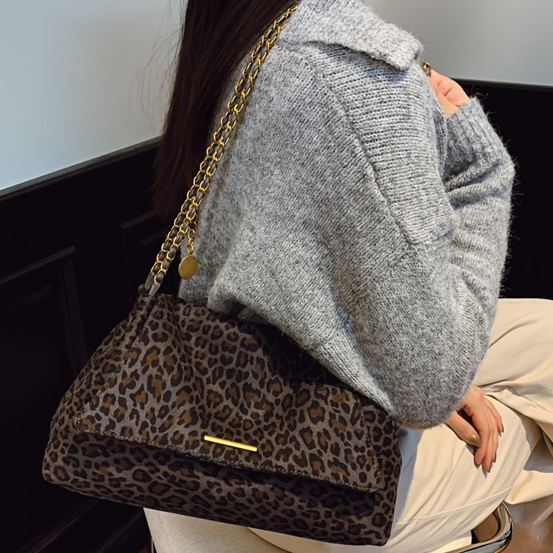 Women's Faux Suede Leopard Print Tote Bag, Large Capacity Chain Shoulder Bag with Phone Pouch, Coin Purse & Cosmetic Bag for Daily Commute