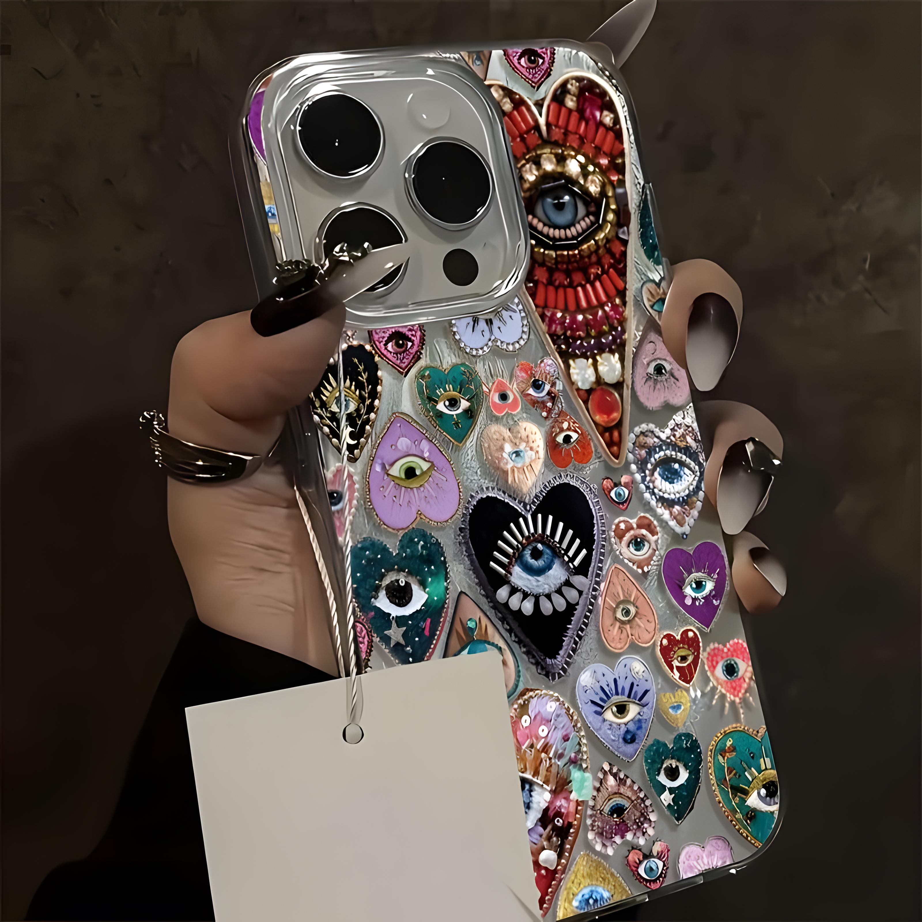 Not 3D Raised Effect,Boho Evil Eye Heart Case for iPhone 17/16/15/14/13/12/11 Pro Max/Pro/Plus/Air Beaded Holographic Shockproof Slim Fit TPU Material Eclectic Art Aesthetic Colorful Cellphone Cover Protection Smartphone Casing, Accessories, Pr,Pum,Hallo.