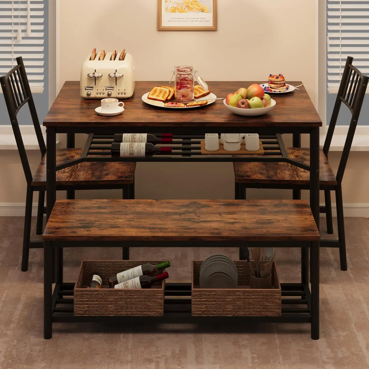 GARVEEDining Set for 4 with Rectangular Kitchen Table, Chairs, Wine Rack Shelf, and Storage Benches - Perfect for Kitchen and Dining Room