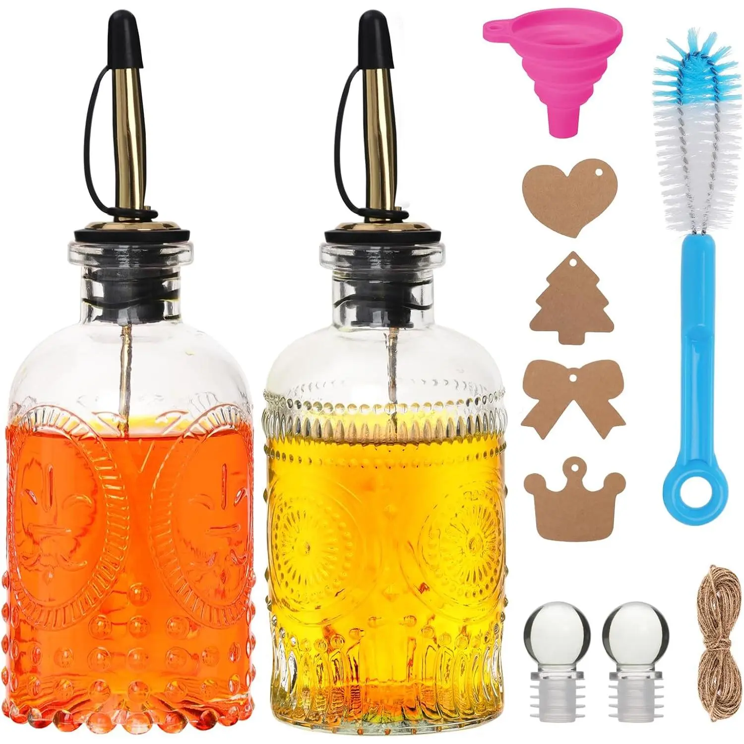 7oz Glass Syrup Bottles with Metal Pour Spout 2 Pack | Syrup Dispenser for Coffee, Maple & Simple Syrup - Includes Funnel, Brush, Stoppers & Labels