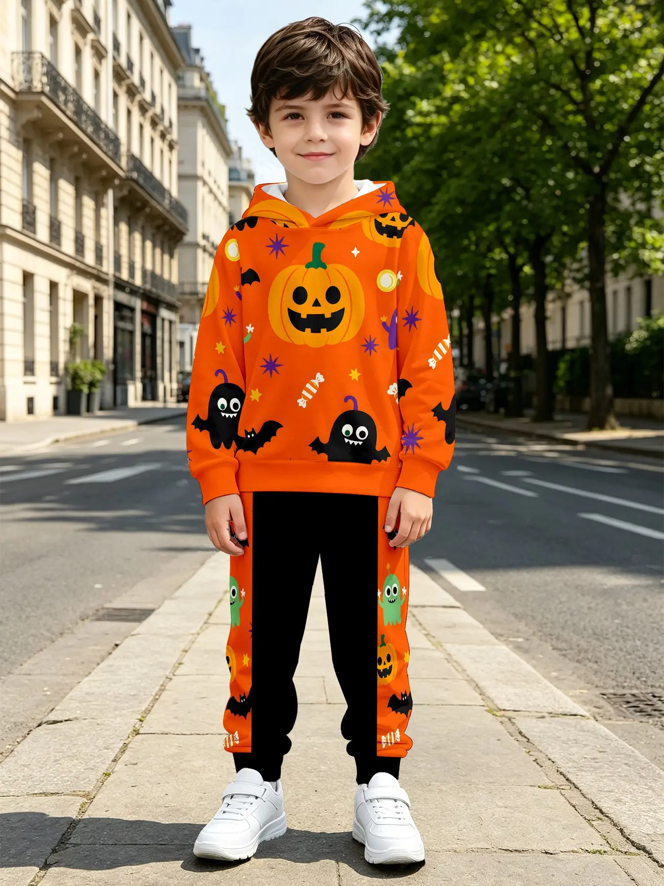 Halloween Theme Sweatshirt and Jogger Set, Pumpkin Ghost Bat Candy Star Print, Kids' Festival Casual, Fall & Winter Wear