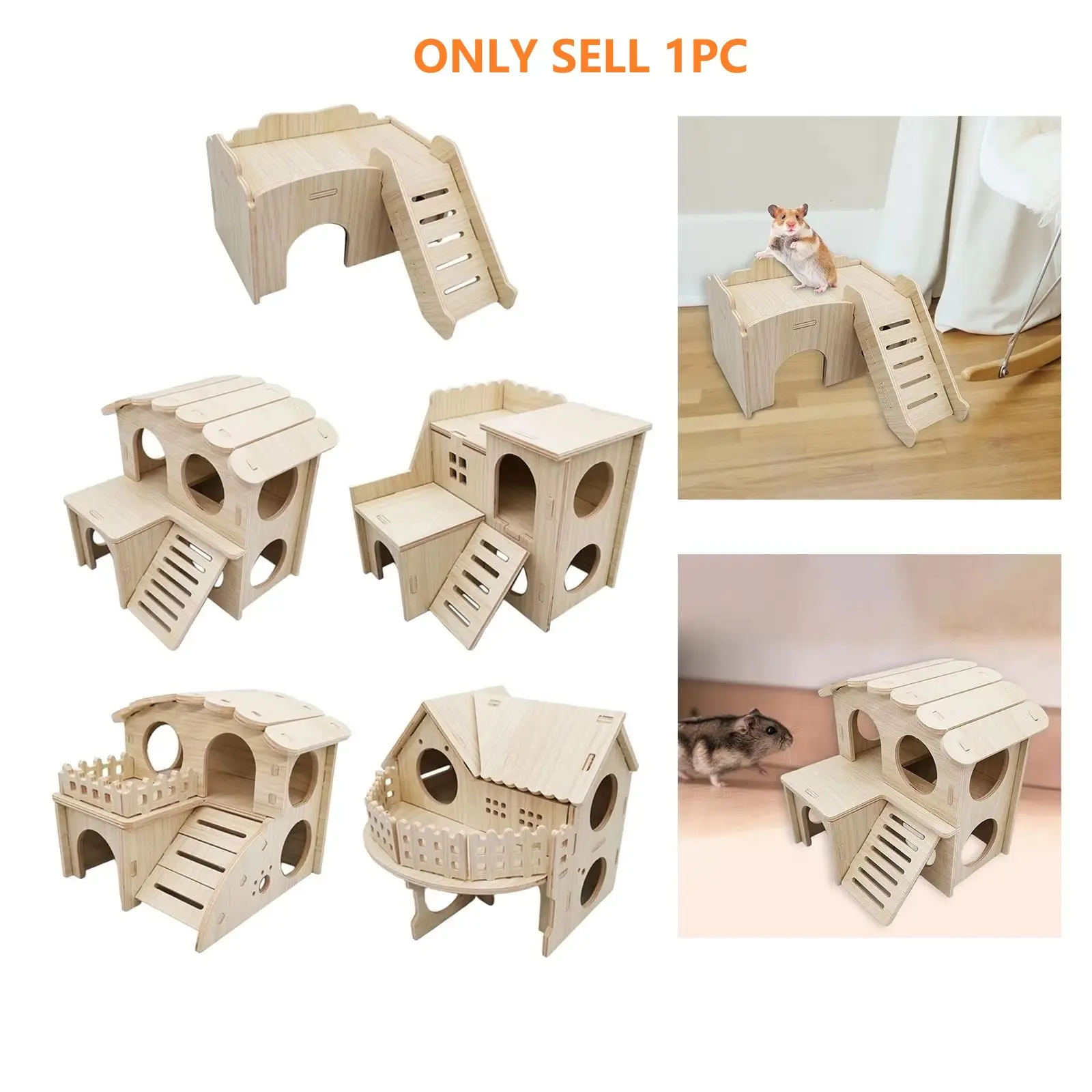 Hamster Seesaw Swing, Solid Wood Small House Nest, Hamster Hide, DIY Cage Accessories for Gerbil & Golden Bear, Pet Exercise Toy Set, Wooden Hamster Cage